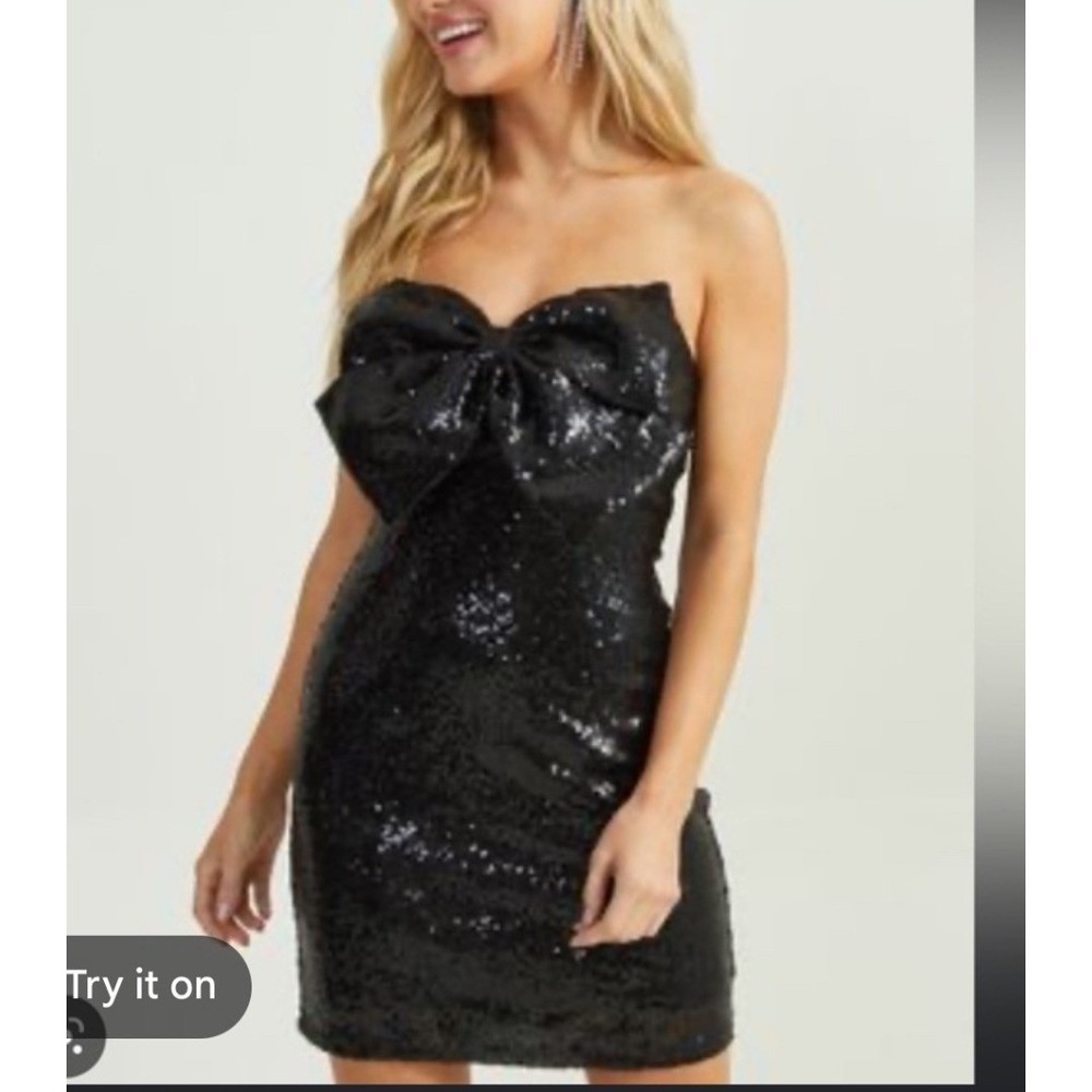 Altar'd State Black Bow‎ Sequin Strapless Mini Dress XS Bodycon Party Birthday